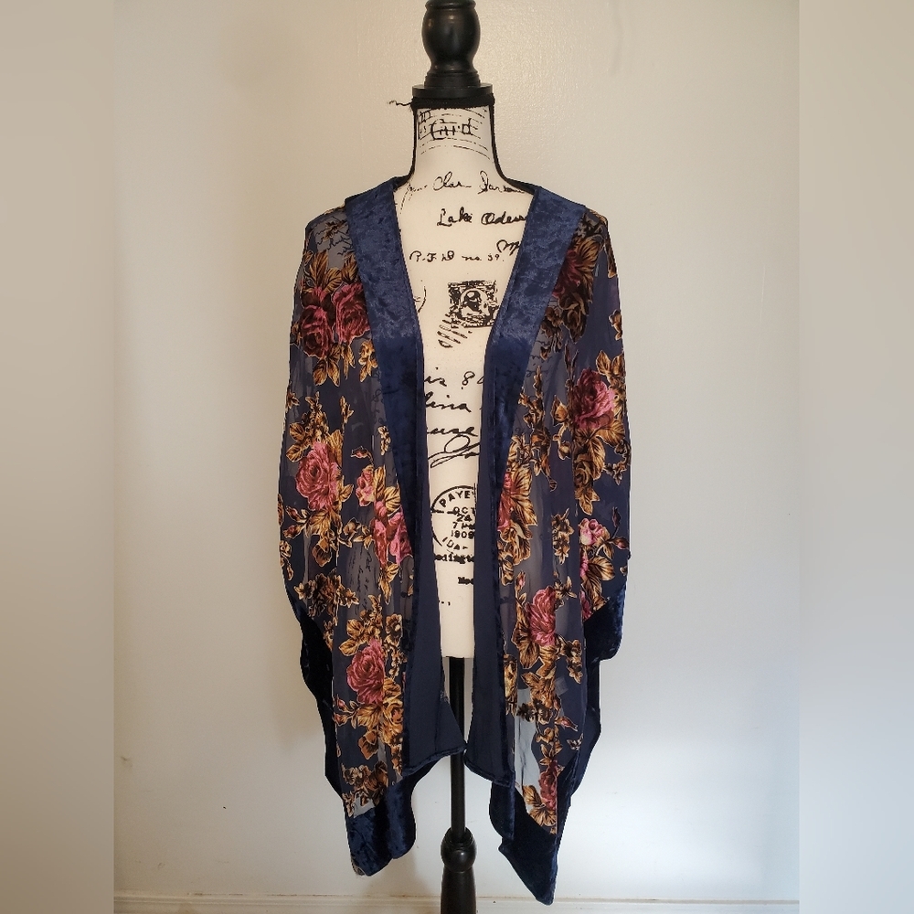 Oddy | Multicolored Floral Velvet Sheer Beautiful Kimono - One Size
